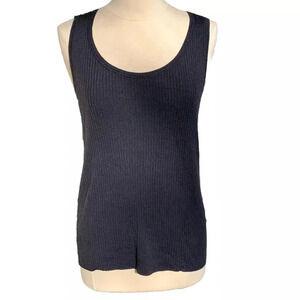 Lafayette 148 Women's XL Trim Modern Ribbed 100% Wool Tank Top Sweater Navy Blue